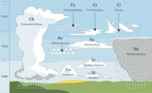 Os diferentes tipos de nuvens a partir da altura em que se formam e atingem (low-baixo; mid-média; high-alta). Gráfico: SOS Curiosidades/Valentin de Bruyn